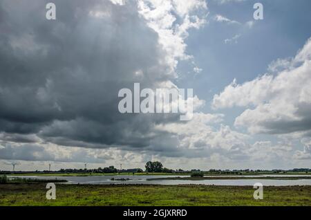 Auen und Sekundärkanäle des Flusses IJssel in der Nähe von Zwolle, Niederlande unter einem dramatischen Himmel Stockfoto
