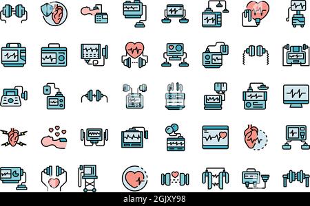 Defibrillator-Symbole eingestellt. Skizzieren eines Satzes von Defibrillator-Vektorsymbolen dünne Linienfarbe flach isoliert auf weiß Stock Vektor