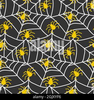 Spooky Spinnennetz und gelbe Spinnen nahtlose Muster isoliert Vektor-Illustration. Halloween endlos wiederholter Druck Stock Vektor