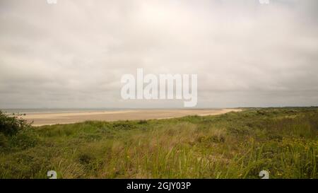 Meer, Sandstrand und Dünen bedeckt mit Marram Gras (Ammophila arenaria) Stockfoto