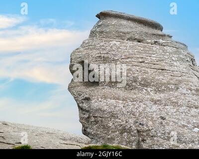 Nahaufnahme der natürlichen Gesteinsformation im Naturpark Bucegi, der sich im Bucegi-Gebirge Rumäniens befindet und Sphinx (Sfinxul) genannt wird Stockfoto
