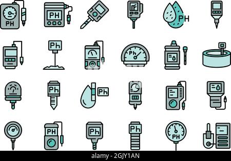 Symbole für pH-Messgerät eingestellt. Skizzieren Sie eine Reihe von Vektor-Symbolen für ph-Messgeräte, dünne Linienfarbe, flach isoliert auf Weiß Stock Vektor
