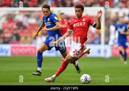 NOTTINGHAM, GROSSBRITANNIEN. 12. SEPTEMBER während des Sky Bet Championship-Spiels zwischen Nottingham Forest und Cardiff City am City Ground, Nottingham, am Sonntag, 12. September 2021. (Kredit: Jon Hobley | MI News) Kredit: MI Nachrichten & Sport /Alamy Live News Stockfoto