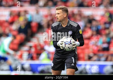 Nottingham, Großbritannien. September 2021. Dillon Phillips #1 von Cardiff City während des Spiels in Nottingham, Großbritannien am 9/12/2021. (Foto von Mark Cosgrove/News Images/Sipa USA) Quelle: SIPA USA/Alamy Live News Stockfoto