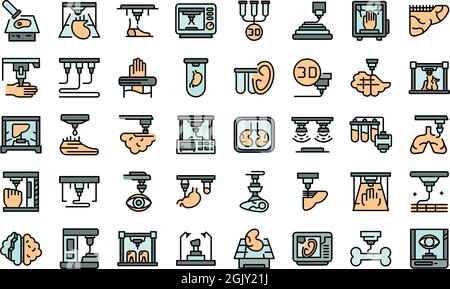 Bioprinting-Symbole gesetzt. Umriss Satz von Bioprinting Vektor-Symbole dünne Linie Farbe flach isoliert auf weiß Stock Vektor