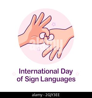 Poster zum Internationalen Tag der Gebärdensprachen. Cartoon-Hände, die das Symbol „Verbinden“ herstellen. Vektorgrafik. Stock Vektor
