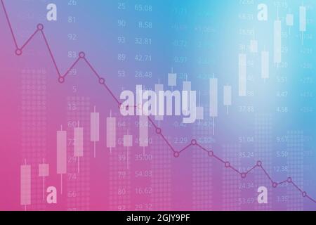 Finanzieller Hintergrund des Aktien- und Derivatemarktes, Grafiken, Diagramme, Säulen, Kerzen in blauer und magentafarbener Farbe. Trend nach oben und unten. 3D-Illustration. Stockfoto