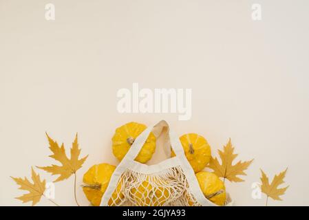 Gelbe runde kleine Kürbisse in einer umweltfreundlichen Netztasche und gefallene Ahornblätter auf hellem Hintergrund. Herbst Zusammensetzung flach legen. Ernte. Kopie en Stockfoto