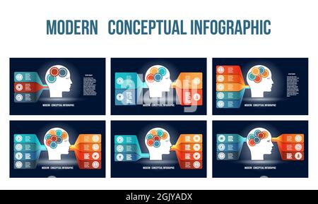 Vorlagen Infografiken mit Zahnrädern im Männerkopf und farbigen Streifen. Stock Vektor