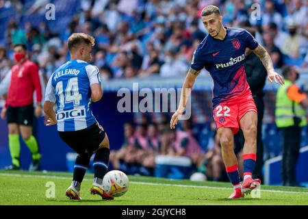 Mario Hermoso von Atletico de Madrid während des Liga-Spiels zwischen RCD Espanyol und Atletico de Madrid im RCDE-Stadion in Cornella, Spanien. Stockfoto