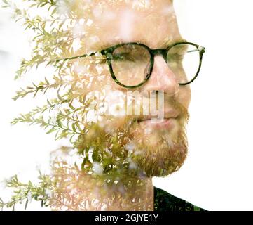 Ein Porträt eines Mannes kombiniert mit Laub. Paintographie. Stockfoto