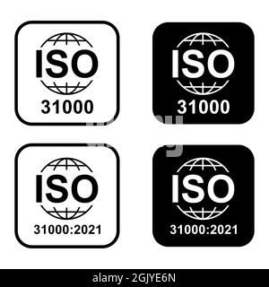 Satz mit ISO 31000-Symbol. Risikomanagement. Symbol für Standardqualität. Vektor-Button-Zeichen auf weißem Hintergrund isoliert. Stock Vektor