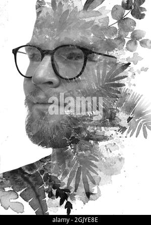 Paintographie. Ein Schwarz-Weiß-Porträt eines Mannes kombiniert mit einem Gemälde. Stockfoto