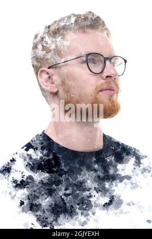 Ein Porträt eines Mannes kombiniert mit Spritzern in einer Doppelbelichtungstechnik. Stockfoto