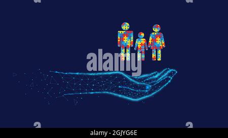 Familie, Mama, Papa, Kind in polygonaler Hand. Puzzleteile. Blauer Hintergrund. Tag des Autismus-Bewusstseins. Stockfoto