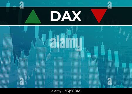 Moskau, Russland – 12. September 2021: Europäischer Aktienindex DAX (Ticker DAX) auf blauem Finanzhintergrund aus Zahlen, Grafiken, Säulen, Kerzen, Stockfoto