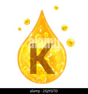 Kalium. Mineralvitaminkomplex. Mineral K. Kalium. Golden Drop und goldene Kugeln isoliert auf weißem Hintergrund. Gesundheitskonzept. K Kalium. Stockfoto