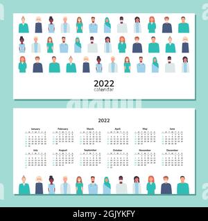 Horizontaler Kalender 2022. Ärzte und Krankenschwestern. Frohes neues Jahr. Wand-, Schreibtisch-, Tisch- oder Taschenkalender mit maskierten medizinischen Mitarbeitern. Satz isolierter Vektor Stock Vektor