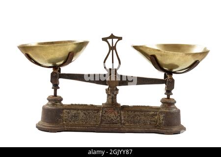 Roberval Balance, isoliert auf weißem Hintergrund Stockfoto