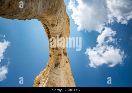 In die Felswand von Monument Rocks im ländlichen Kansas, USA, integrierte Schlammhäuser von Cliff Swallow Stockfoto