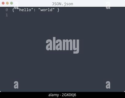 JSON-Sprache Hello World Programm Beispiel in Editor-Fenster Illustration Stock Vektor