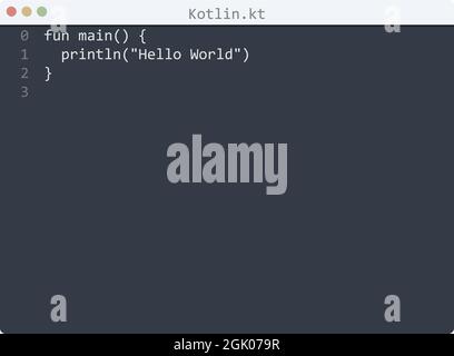 Kotlin Sprache Hello World Programmbeispiel in Editor-Fenster Illustration Stock Vektor