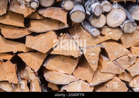 Ernte für den Winter eine Mischung aus Brennholz von verschiedenen Baumarten, ordentlich gestapelt. Brennholz für Raumheizung und Kochen. Stockfoto