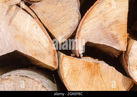 Ernte für den Winter eine Mischung aus Brennholz von verschiedenen Baumarten, ordentlich gestapelt. Brennholz für Raumheizung und Kochen. Stockfoto