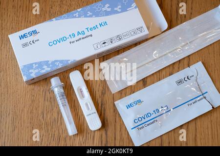 Tallinn, Estland - 12. September 2021: COVID-19 AG Testkit für Selbsttests. Corona-Virus-Diagnose. Öffnen Sie das Paket auf dem Holztisch. Stockfoto