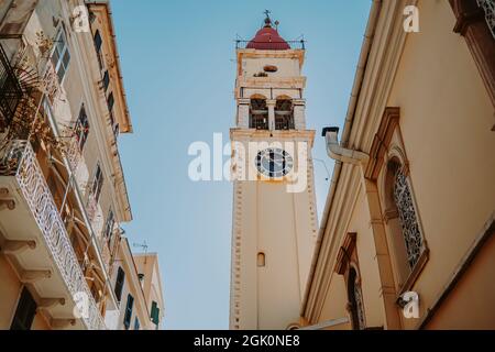 Korfu, Griechenland - September 2021, KATHEDRALE DES HEILIGEN SPIRIDON AUF DER INSEL, Kerkyra. Stockfoto