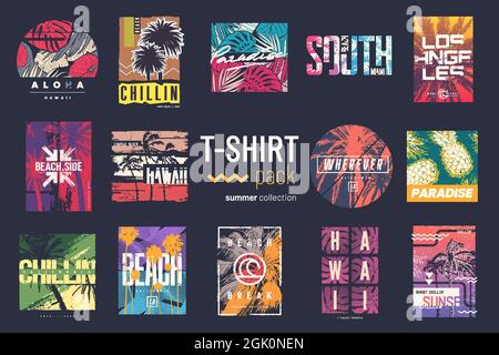 Kollektion von vierzehn bunten Vektor-T-Shirt-Sommerdesigns, Prints, Illustrationen Stock Vektor