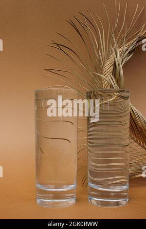 Goldenes Palmenblatt hinter transparentem Glas mit Wasser auf orangefarbenem Hintergrund. Optische Verzerrung durch Wasser. Konzept für sauberes Wasser. Nahaufnahme. Cop Stockfoto