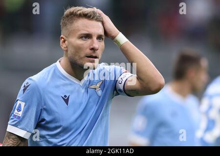 Mailand, Italien, 12. September 2021. Ciro Immobile der SS Lazio reagiert während des Serie-A-Spiels bei Giuseppe Meazza, Mailand. Bildnachweis sollte lauten: Jonathan Moscrop / Sportimage Kredit: Sportimage/Alamy Live News Stockfoto