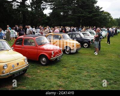 Das Line-up des klassischen Fiat 500s auf einer Oldtimer-Show in Northampton, Großbritannien Stockfoto
