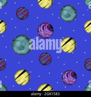 Raum nahtloses Muster mit Planeten und Sternen. Helle Textur für Kinder. Stockfoto