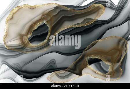 Abstrakter Luxus Fließende Kunst Hintergrund. Alkoholtinte Technik schwarz und Gold Stockfoto