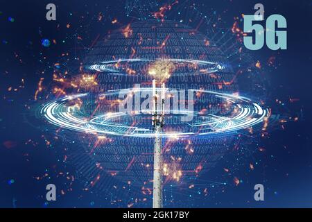 Moderne drahtlose Telekommunikation Turm Antennensender, Basis Empfänger Station für die Übertragung 4G, 5G oder 3g. Digitale Antennen, Ausrüstung von hoch Stockfoto