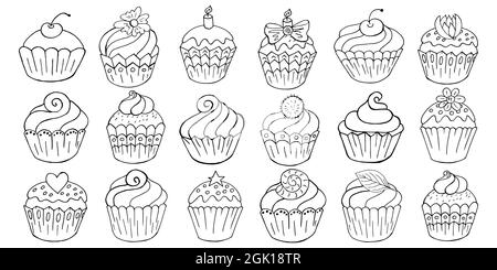 Große Reihe von Ikonen von Cupcakes, Muffins in Hand zeichnen Stil. Sammlung von Vektorgrafiken für Ihr Design. Süßes Gebäck, süße Muffins. Beschreiben sie dr Stock Vektor