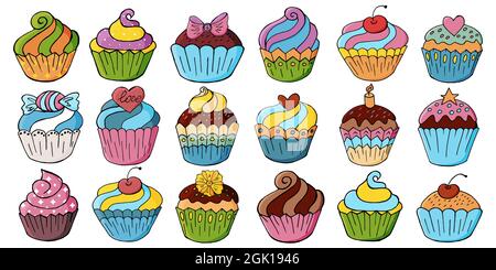 Große Reihe von Ikonen von Cupcakes, Muffins in Hand zeichnen Stil. Sammlung von Vektorgrafiken für Ihr Design. Süßes Gebäck, Muffins. Schild, Aufkleber Stock Vektor