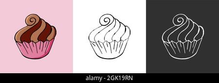 Symbolsatz. Cupcake, Muffin-Ikonen im Handzeichnen-Stil. Süßes Gebäck, niedliches, vielfarbiges Set. Muffin. Symbol, Stickerstift Stock Vektor