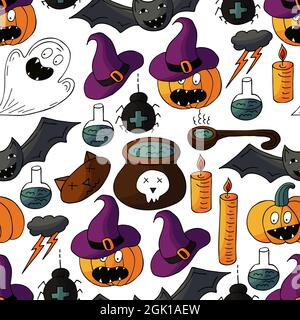 Nahtloses Muster für Halloween-Design. Vektorgrafik im Handzeichnen-Stil. Dekorativer Druck mit niedlichen Kürbissen in Hexenhüten und Hexenzubehör Stock Vektor