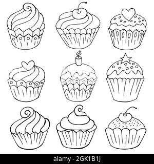 Set von Symbolen von Cupcakes, Muffins in Hand zeichnen Stil. Sammlung von Vektorgrafiken für Ihr Design. Süßes Gebäck, süße Muffins. drawin skizzieren Stock Vektor