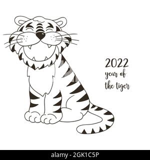 Symbol von 2022. Illustration mit Tiger im Handzeichnen-Stil. Neujahr 2022. Tiger sitzt. Malkarten, Kalender, Poster, Flyer Stock Vektor