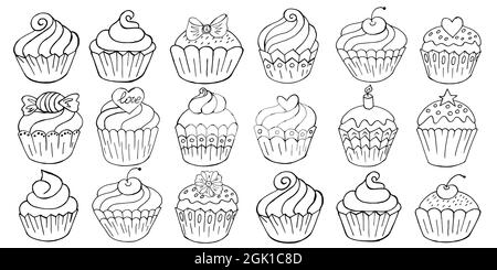 Große Reihe von Ikonen von Cupcakes, Muffins in Hand zeichnen Stil. Sammlung von Vektorgrafiken für Ihr Design. Süßes Gebäck, Muffins. Gliederungszeichnung Stock Vektor