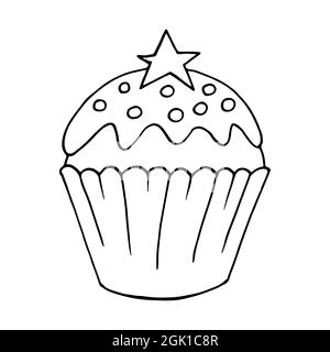 Cupcake lineare Ikone mit Stern, Muffin im Handzeicherstil. Vektorgrafik für Ihr Design. Skizzieren Zeichnung, Malbuch. Schild, Symbol, Aufkleber, pi Stock Vektor