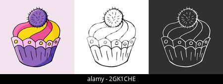 Cupcake, Muffin-Ikonen im Handzeichnen-Stil. Symbolsatz. Süßes Gebäck, niedliches, vielfarbiges Set. Muffin. Symbol, Aufkleber Stock Vektor