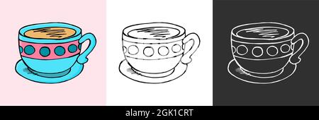 Symbolsatz. Pokal-Symbole im Handzeichnen-Stil. Teeparty, niedliches mehrfarbiges Set. Tee, Kaffee. Symbol, Aufkleber, Stift, Schild Stock Vektor