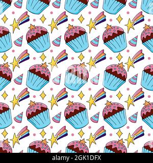 Nahtloses Muster mit süßem Gebäck. Vektorgrafik. Niedliche Muffins, Cupcakes. Dekorativer Druck, Regenbogensterne Stock Vektor