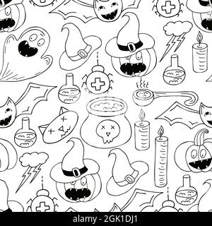 Nahtloses Muster für Halloween-Design. Vektorgrafik im Handzeichnen-Stil. Maldruck mit niedlichen Kürbissen in Hexenhüten und Hexenzubehör Stock Vektor