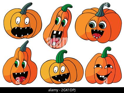 Set von niedlichen Kürbissen in Hand zeichnen Stil. Sammlung von Vektor-Illustrationen für Halloween-Design. Cartoon-Stil. Schild, Aufkleber, Stift Stock Vektor